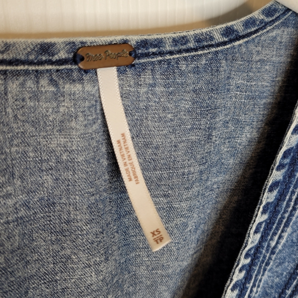 Free People Denim Blue Smocked V-Neck Peasant Blouse - Picture 6 of 8